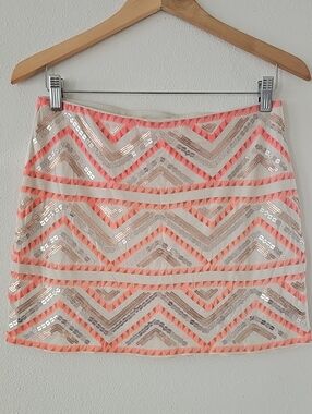 Express Sequin Embellished Chevron Mini Skirt in Coral and Cream